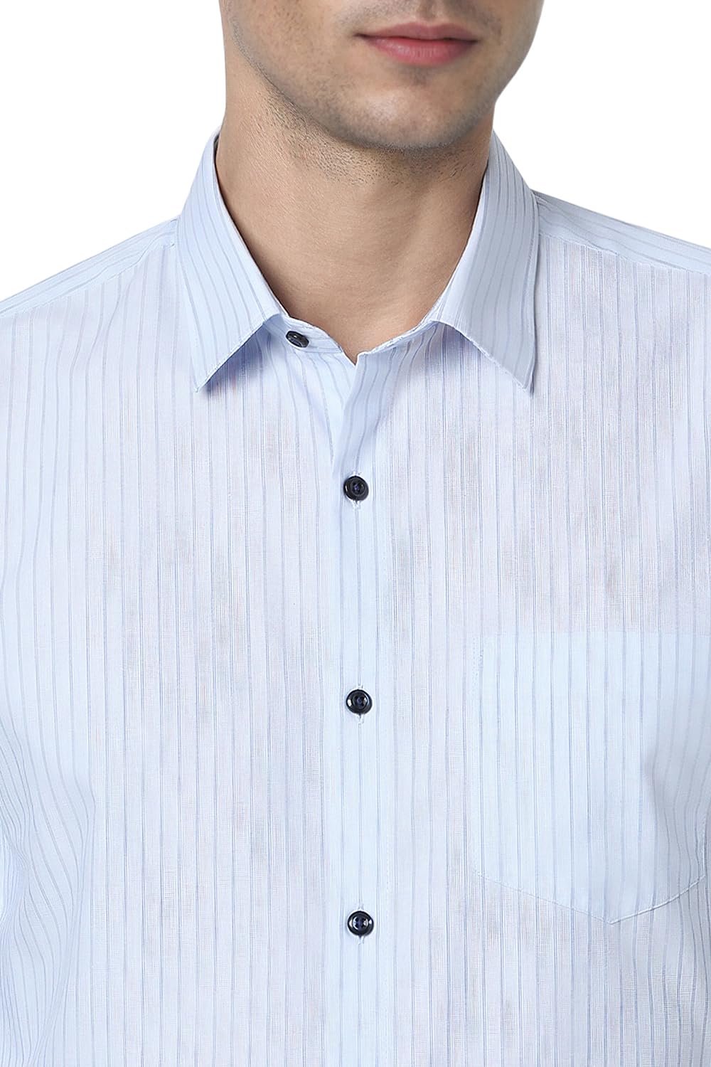 Peter England Men’s Striped Slim Fit Full Sleeve Formal Shirt | Cotton-Rich | Wonder Fabric | Pin-Point Oxford Weave Blue