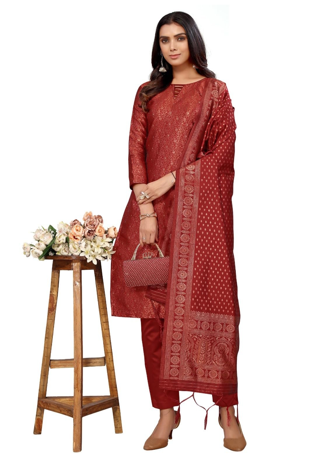SHANTVAN GALLERY Women’s Jacquard Woven Salwar Suit(Dress) Material With Banarasi Silk Dupatta (Red)