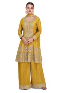 Miss Ethnik Women's Yellow Chinon Stitched Top With Bottom and Dupatta Full Sleeve Embroidered Kurta Palazzo Set (ME-1273-Yellow-L)