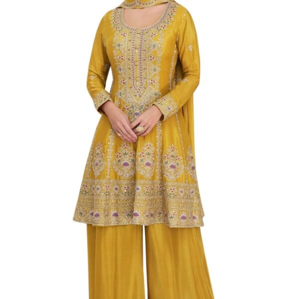Miss Ethnik Women's Yellow Chinon Stitched Top With Bottom and Dupatta Full Sleeve Embroidered Kurta Palazzo Set (ME-1273-Yellow-L)