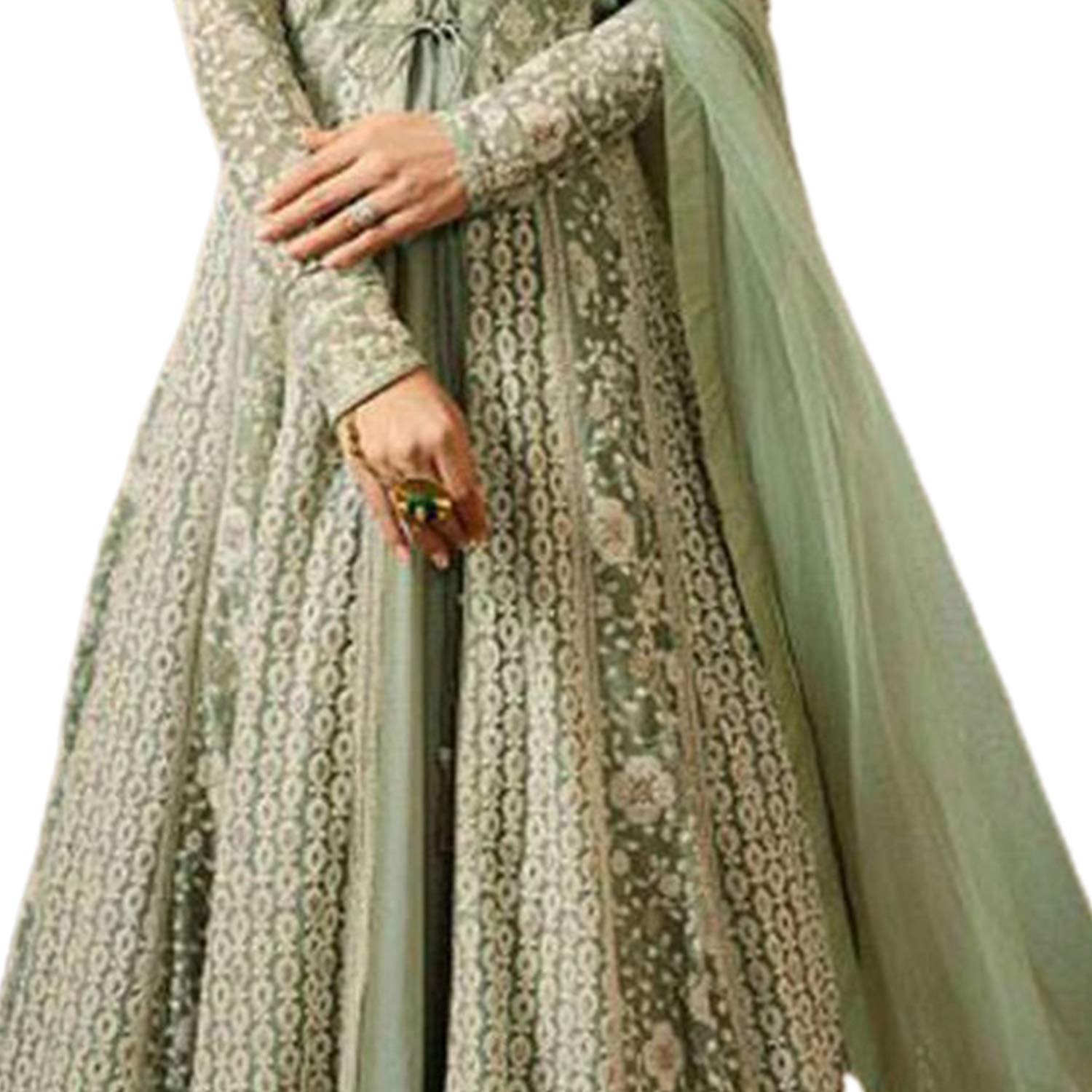 Miss Ethnik Women’s Light Green Embroidered Flared Gown 945-Light Green