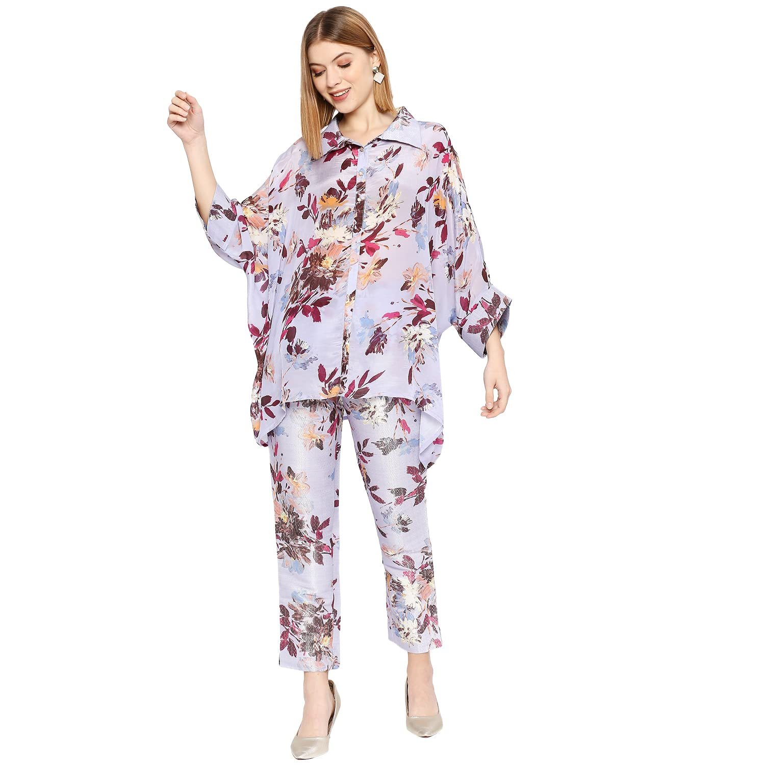 CLOTH HAUS INDIA Women’s || Floral Printed || Cupro Viscose || Collar Neck || Top for Women || Printed Top for Women || 3/4th Sleeves || Short Top Lilac