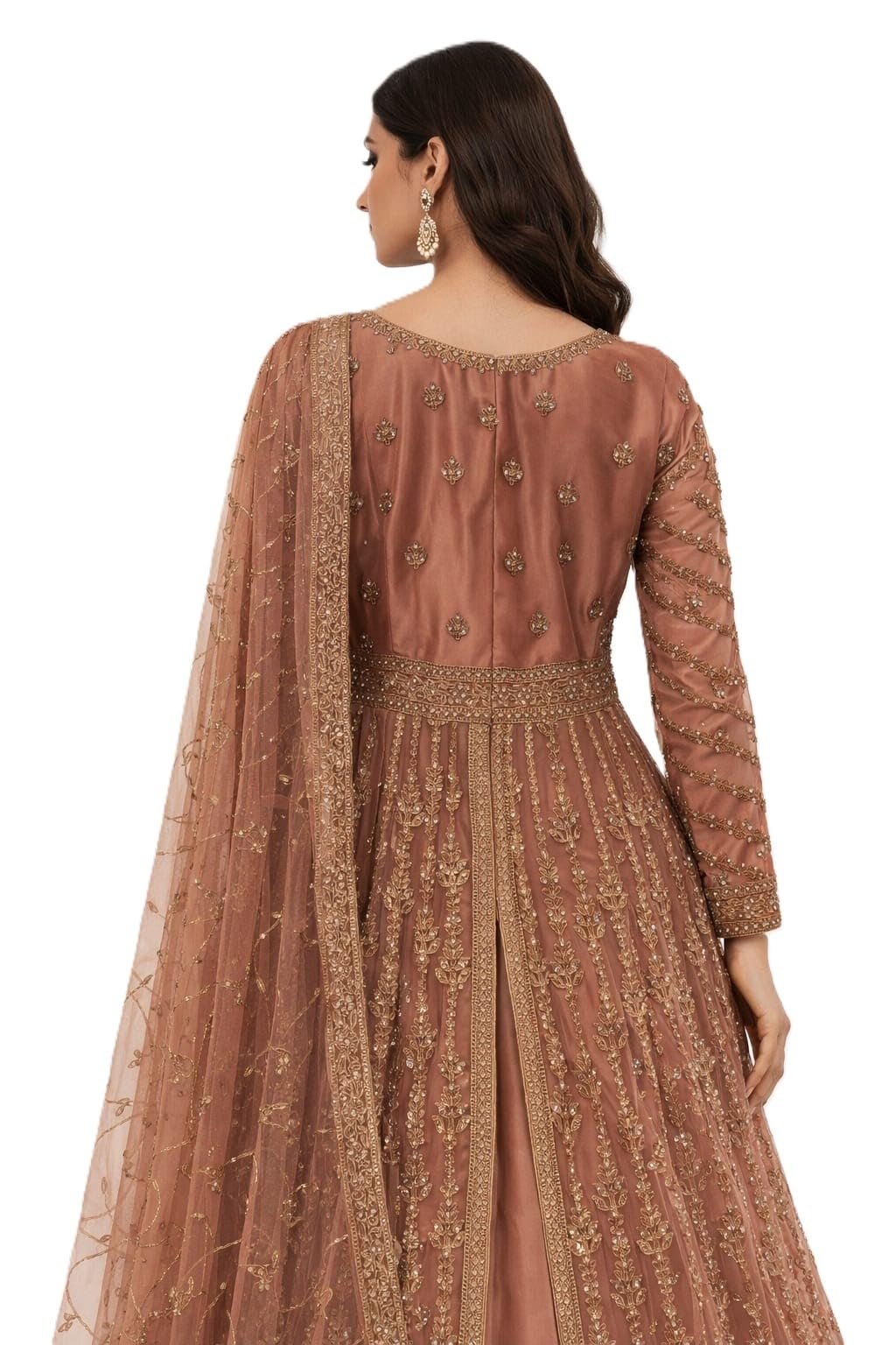 Women’s Brown Anarkali Gown with Gold Embroidery and Net Dupatta – Free Size Long Sleeve A-Line Ethnic Wedding Dress