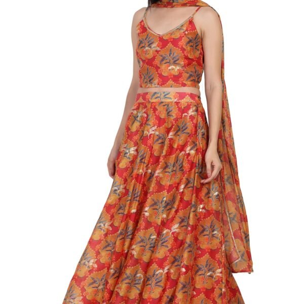 W for Woman Red Floral Printed Crepe Crop Top with Skirt and Dupatta Set - (WS13899-127592-M)