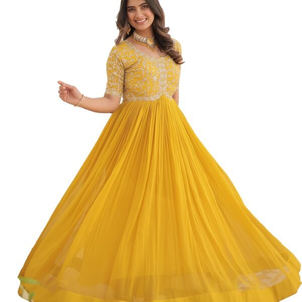 Fashion Basket Georgette Embroidered Anarkali Gown for Women Yellow