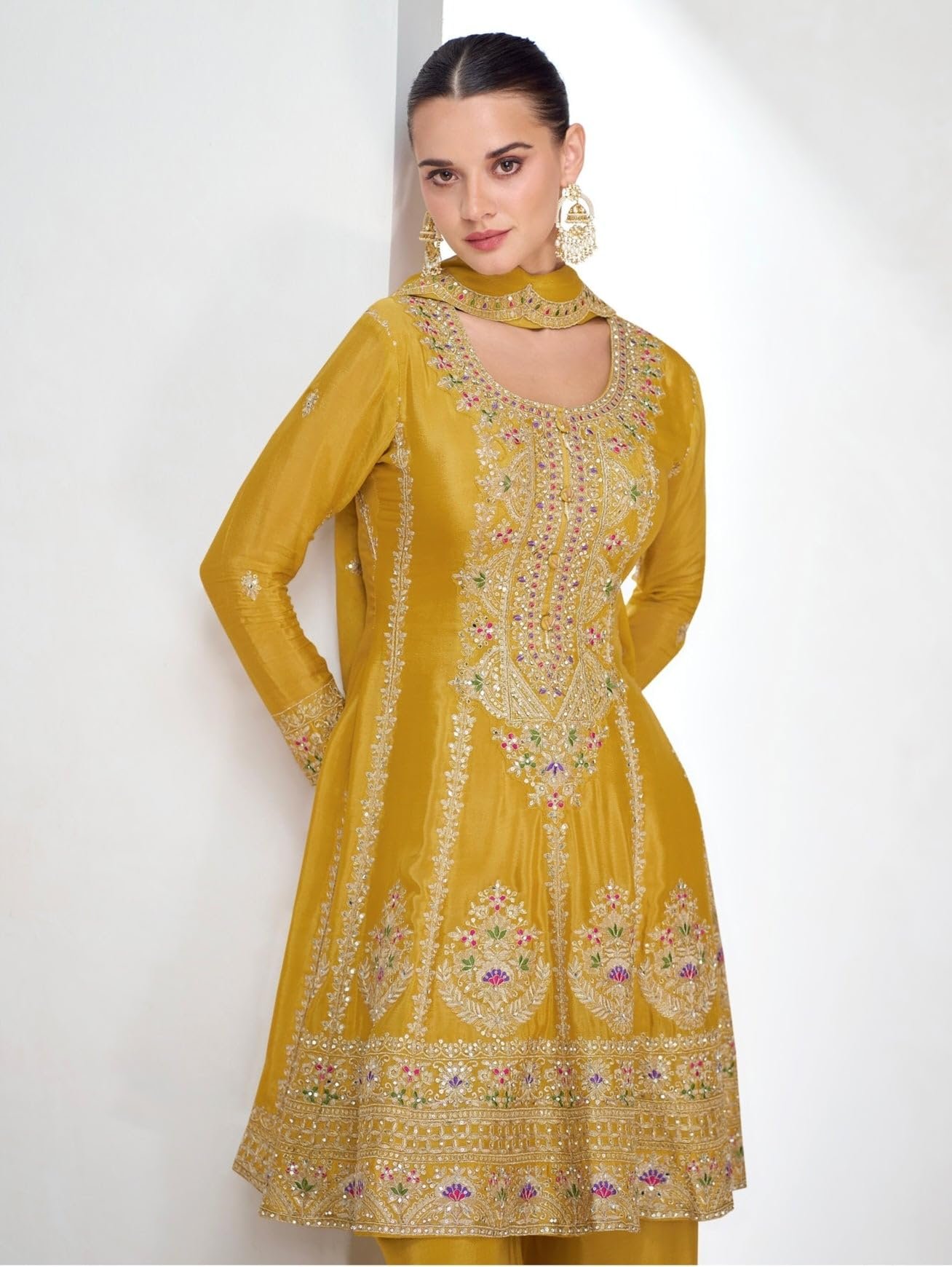 Miss Ethnik Women’s Yellow Chinon Stitched Top With Bottom and Dupatta Full Sleeve Embroidered Kurta Palazzo Set (ME-1273-Yellow-L)