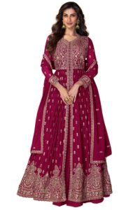 Miss Ethnik Women's Pink Faux Georgette Stitched Top With Stitched Bottom and Dupatta Full Sleeve Embroidered Anarkali Lehenga (ME-1148-Pink-4XL)
