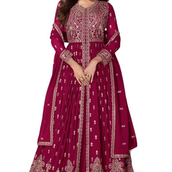 Miss Ethnik Women's Pink Faux Georgette Stitched Top With Stitched Bottom and Dupatta Full Sleeve Embroidered Anarkali Lehenga (ME-1148-Pink-4XL)