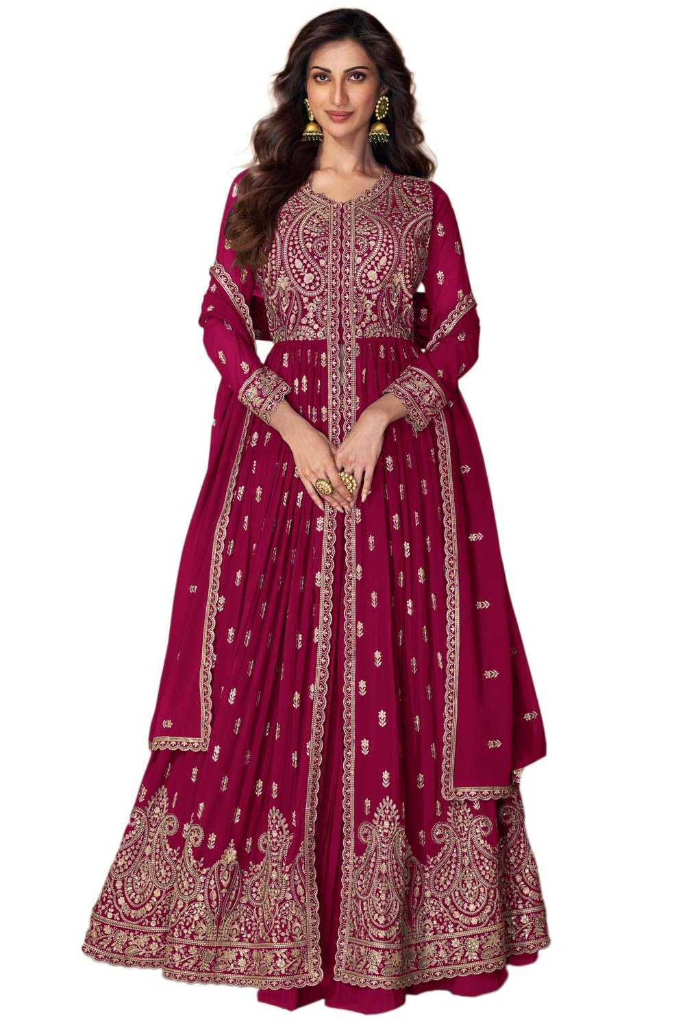 Miss Ethnik Women's Pink Faux Georgette Stitched Top With Stitched Bottom and Dupatta Full Sleeve Embroidered Anarkali Lehenga (ME-1148-Pink-4XL)