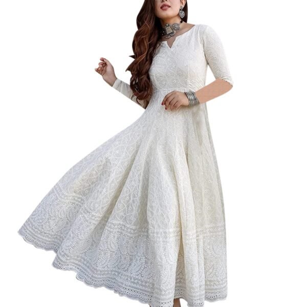 LookMark Women's White Embroidered Ethnic Gown, Ankle Length Flared Dress, 3/4 Sleeves, Traditional Indian Wear-K1113-XL