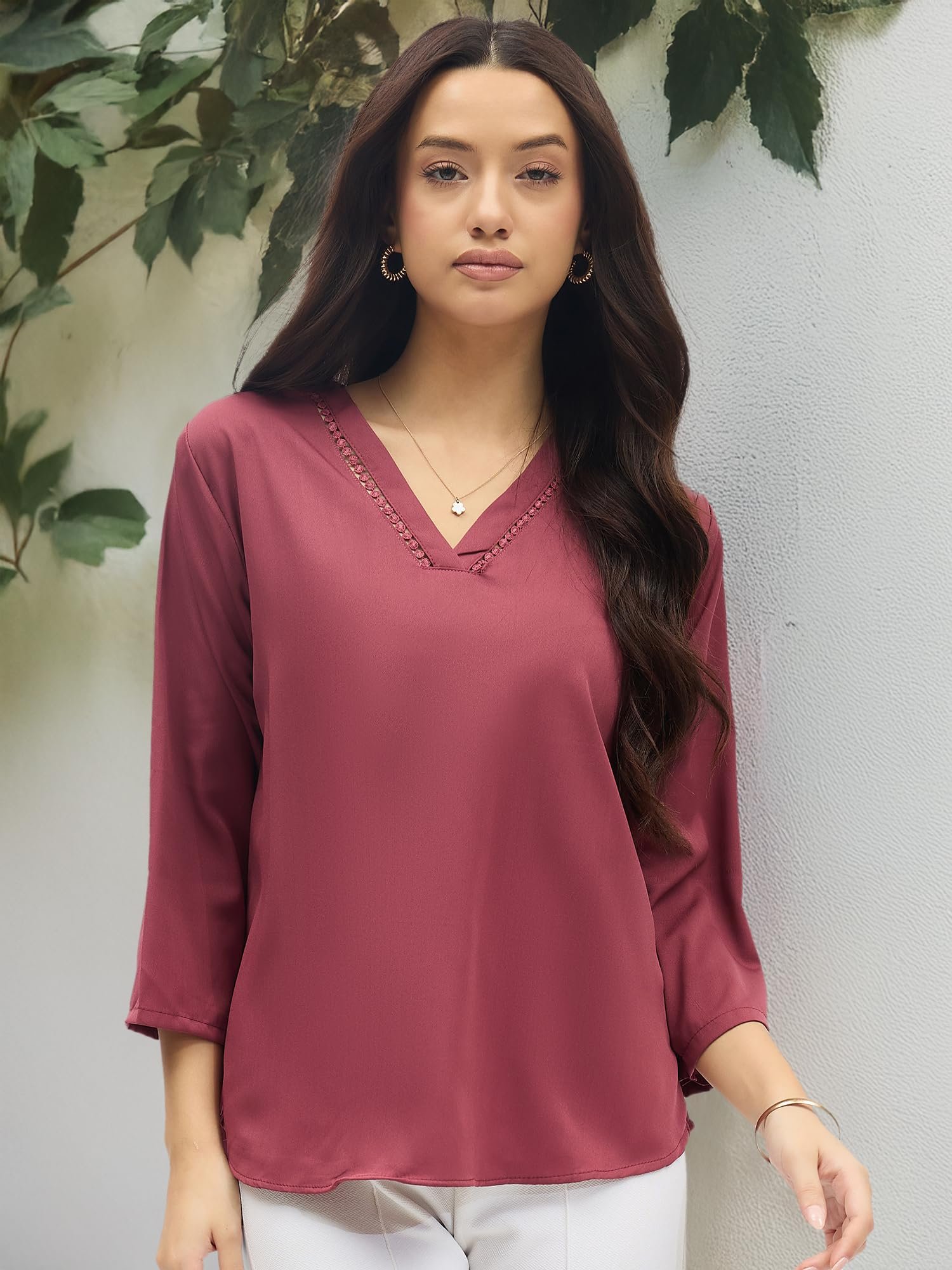 SheWill Mauve Solid V-Neck Top Stylish Ethnic and Western Tops for Women Summer Travel Wear Trendy Tops for Jeans Lightweight Comfortable Casual ALLTP1268_RUS-M