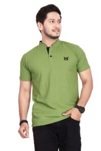 Men's and Boy's Polyster T-Shirt with Mandarin Collared Neck Half Sleeves Closuer Button and Regular Fit | Polo t Shirt for Man | Leave Green-M
