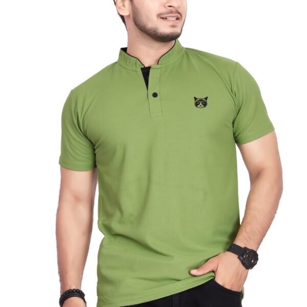 BAGHADBILLO Men's and Boy's Polyster T-Shirt with Mandarin Collared Neck Half Sleeves Closuer Button and Regular Fit | Polo t Shirt for Man | Leave Green-XL