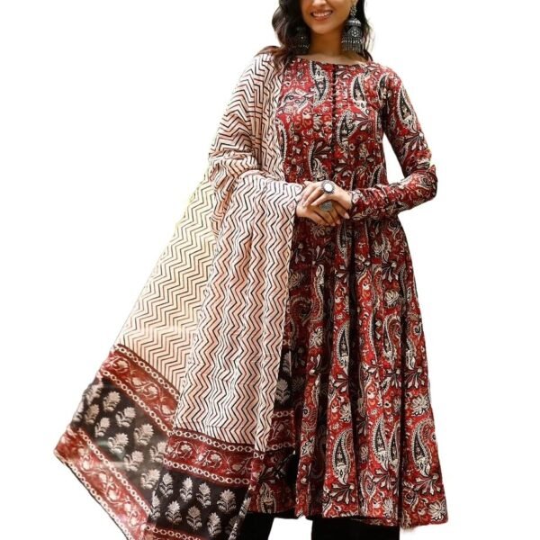 Nermosa Women Printed Anarkali Kurta and Pant Set with Dupatta (in, Alpha, S, Maroon)