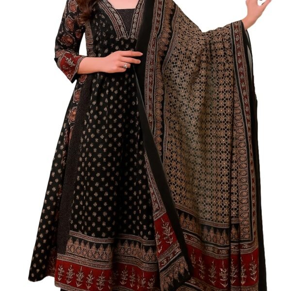 KLOSIA Women Printed Anarkali Kurta and Pant Set with Dupatta Black