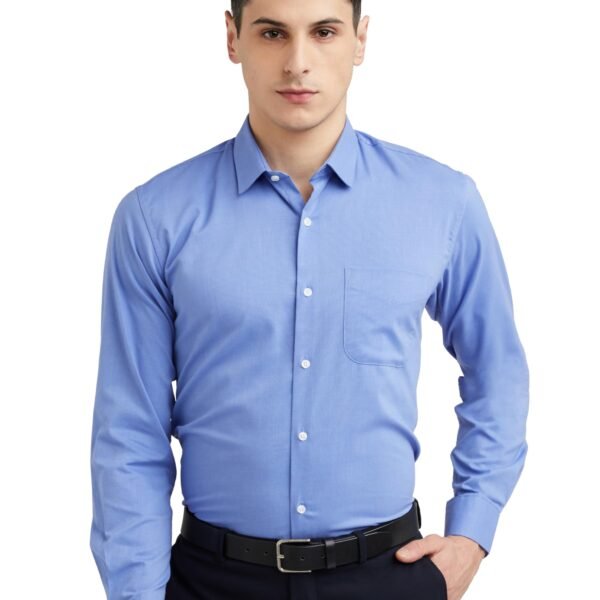 Peter England Men's Everday Regular Fit Solid Shirt | Cotton Rich | 5-Pin Pocketing Medium Blue