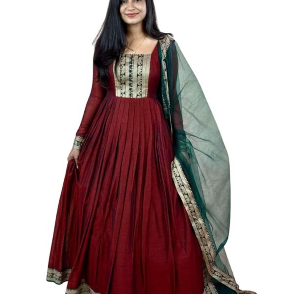 DOSPARO Elegant Vichitra Silk Gown with Jacquard Zari Border – Includes Soft Net Dupatta with Lace Trim – Parrty Wear Ethnic Dress for Women & Girls (Women, Red, M)