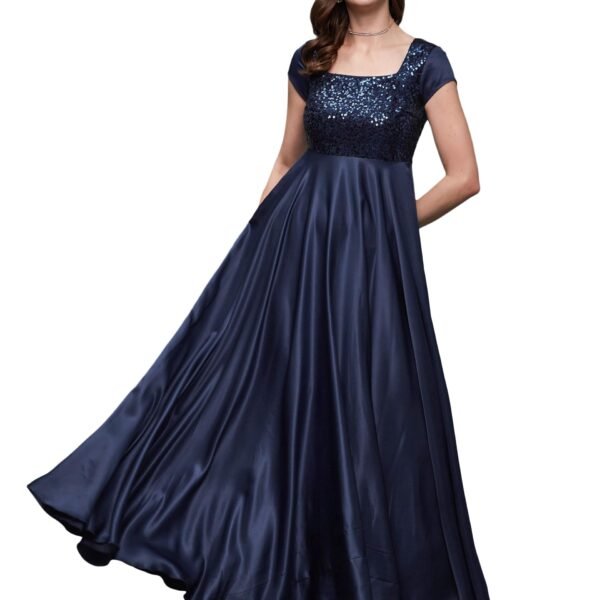 Miss Chase Women's Navy Blue Square Neck Short Sleeve Embellished Polyester Fit & Flare Maxi Dress (MCSS23D06-60-71-04, Navy Blue, M)