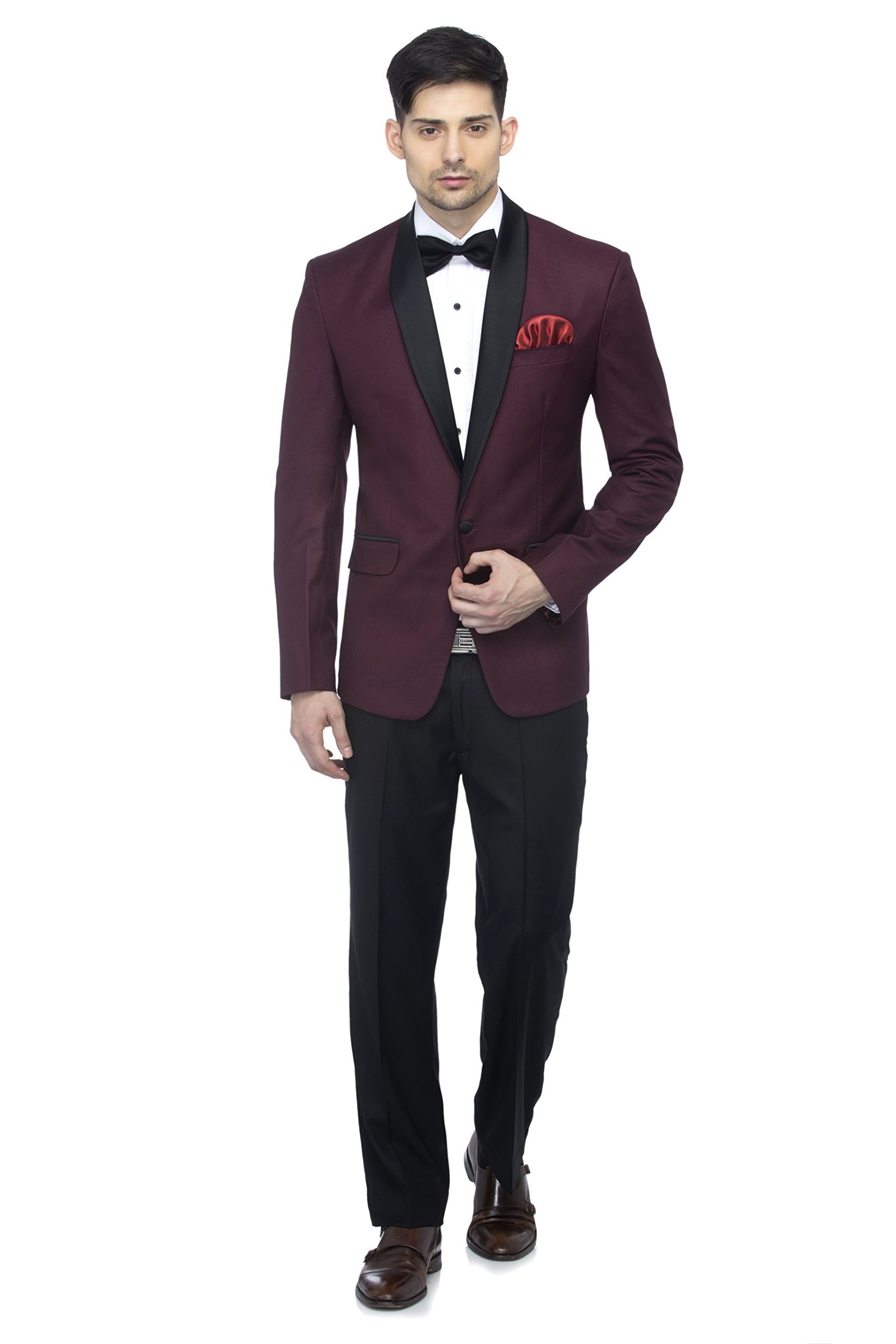 FAVOROSKI Designer Men’s Slim Italian Fit Shawl Collar Tuxedo Suit Blazer (Wine, L)