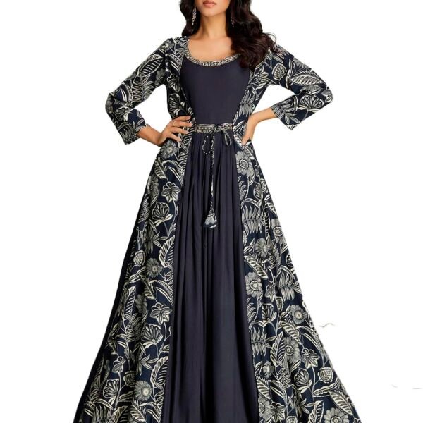 madhuram textiles Women's Rayon Print with Hand Embroidery Work Anarkali Long Gown(M-2546 Navy Blue_Small)