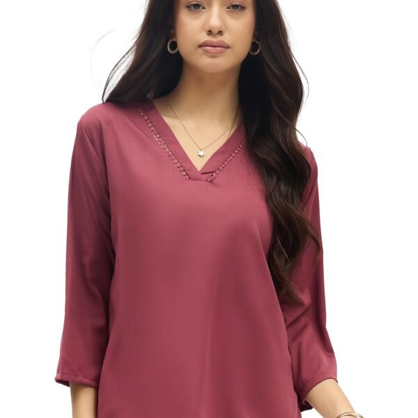 SheWill Mauve Solid V-Neck Top Stylish Ethnic and Western Tops for Women Summer Travel Wear Trendy Tops for Jeans Lightweight Comfortable Casual ALLTP1268_RUS-M