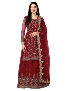 TRENDMALLS Women's Net Embroidery Salwar Suit Set Kurta Lehenga with Dupatta (G112-Maroon-XL)