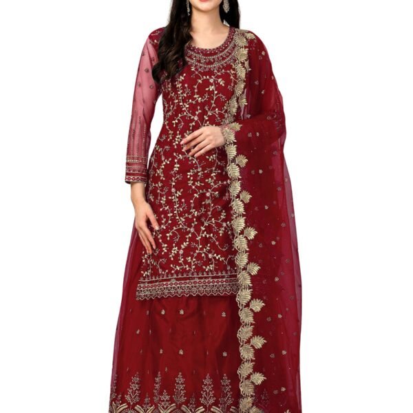 TRENDMALLS Women's Net Embroidery Salwar Suit Set Kurta Lehenga with Dupatta (G112-Maroon-XL)