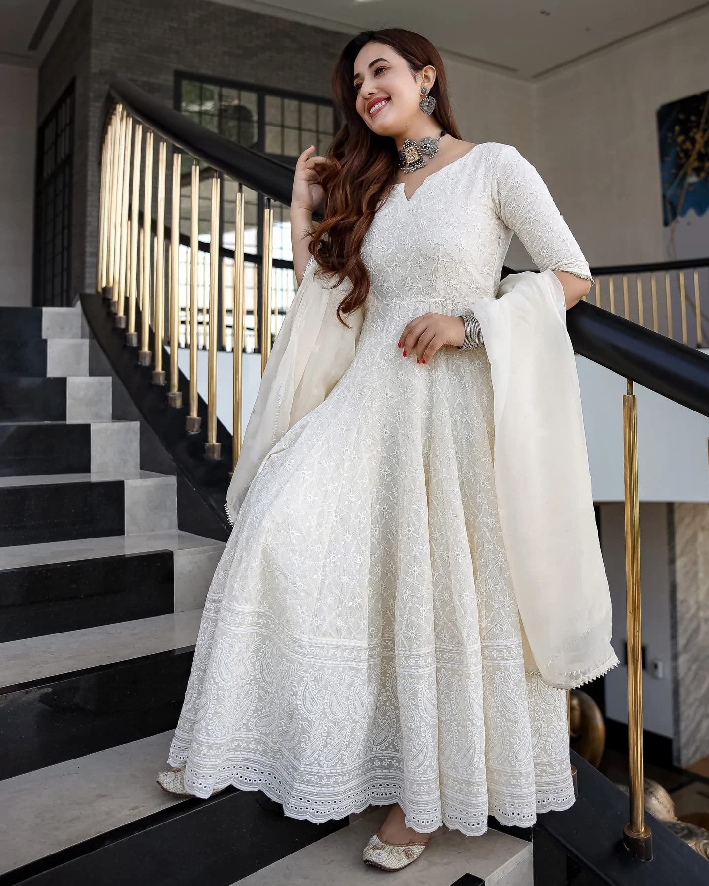 Royal Export Women’s Cotton Blend White Chikankari Anarkali Gown with Dupatta | Dresses for Girls | Pant Not Included-L