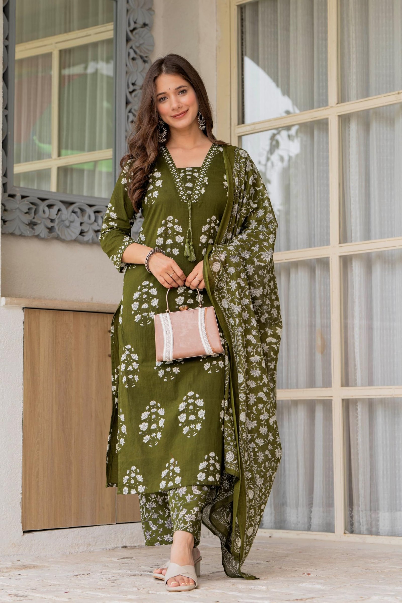 PARTHVI Women’s Pure Cotton Printed Straight Kurta Set with Palazzo Pants & Dupatta- Ethnic Wear, Green