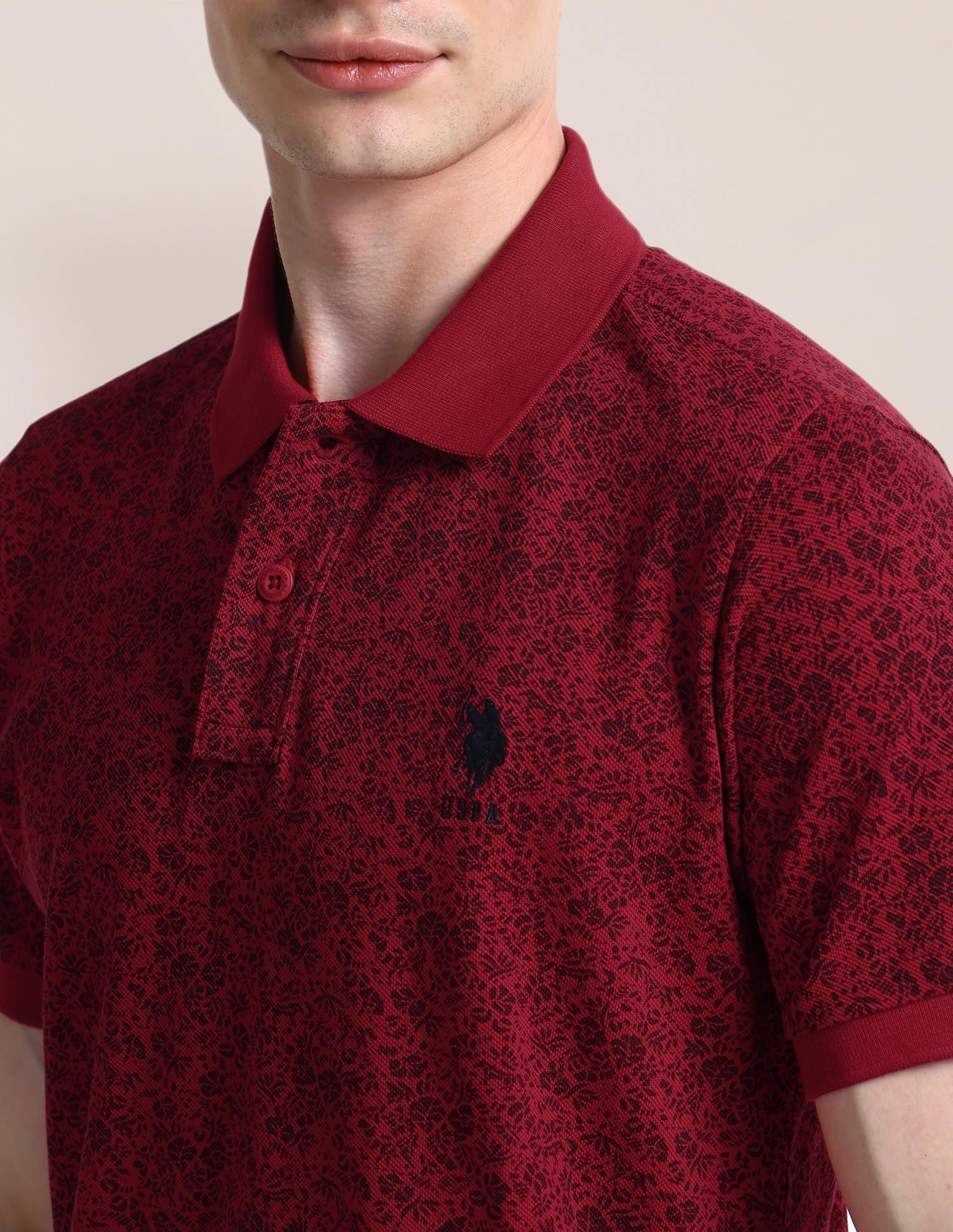 U.S.POLO ASSN. Mens Red Floral Collared Neck Half Sleeve Casual Cotton Blend Fitted Polo T-Shirts (USTSHF0361_Red_3XL)