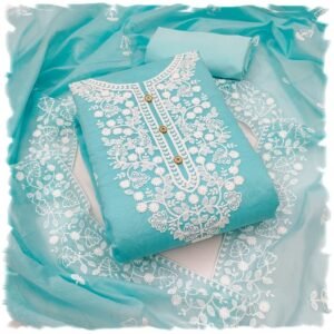 Women's Heavy Cotton Embroidery Work Unstitched Salwar Suit Dress Material With Chanderi Work Dupatta (Free Size_Sky Blue)