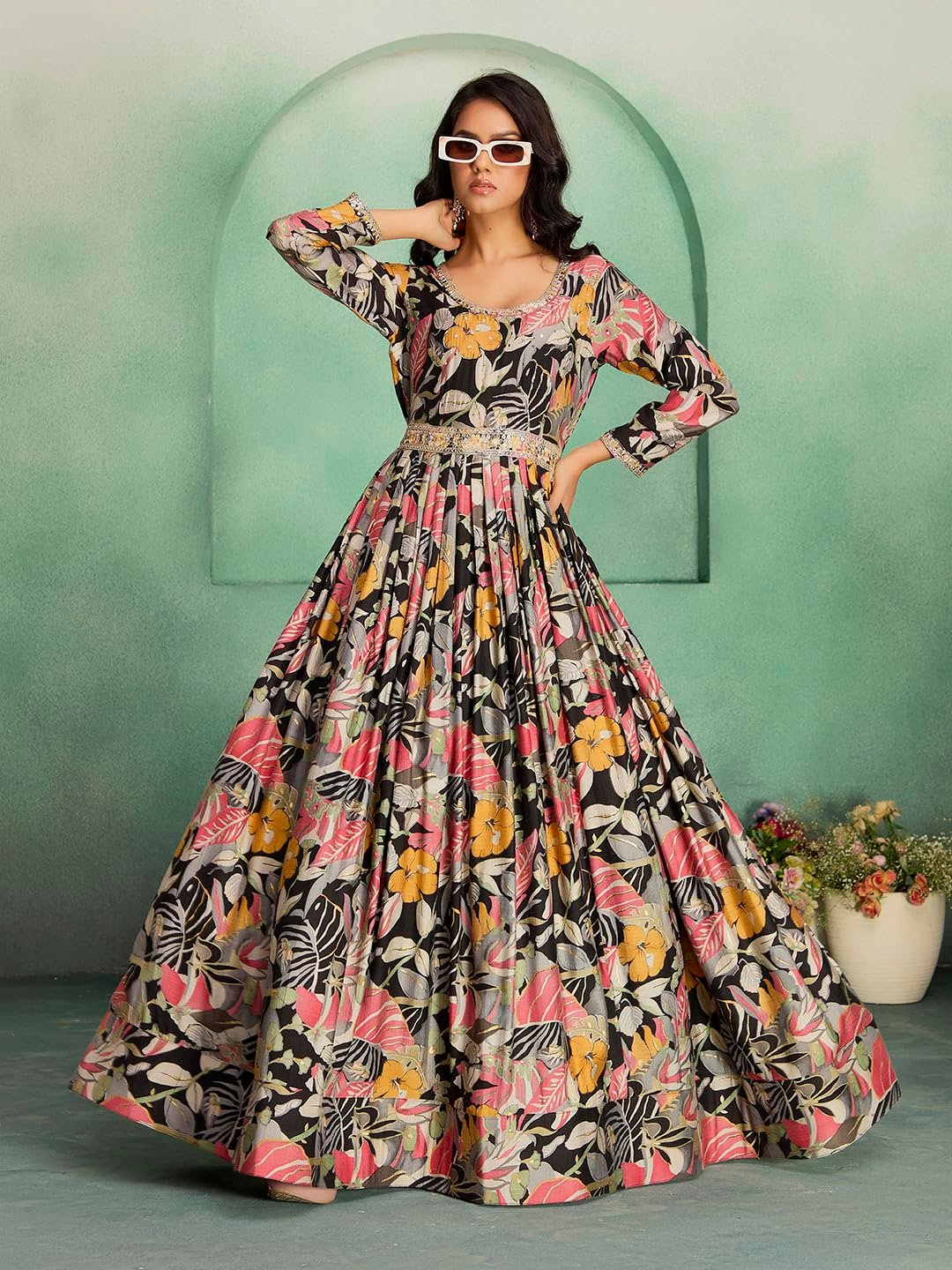 madhuram textiles Women’s vetican Print with Hand Embroidery Work Anarkali Long Gown(M-2544 Black_Medium)