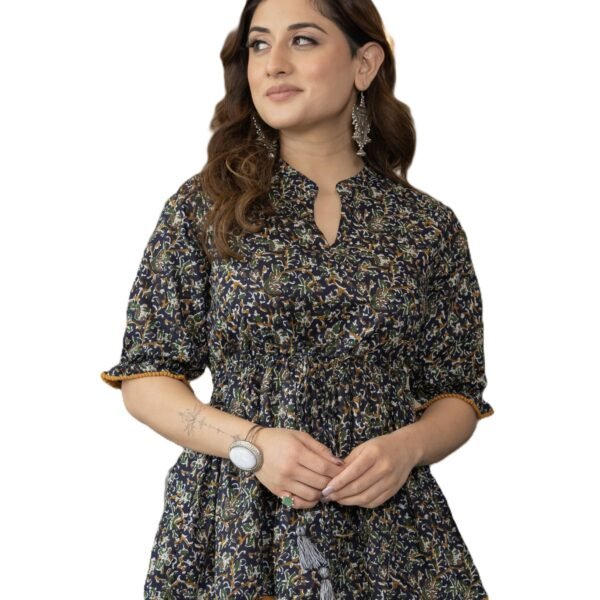 Arayna Women's Pure Cotton Floral Printed Peplum Top with Drawstring Waist – Half Sleeves & Comfortable Fit - Indigo Blue, X-Large