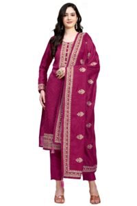 TRENDMALLS Women's Vichitra Silk Embroidery Salwar Suit Set Kurta Pant with Dupatta (G142-Pink-M)