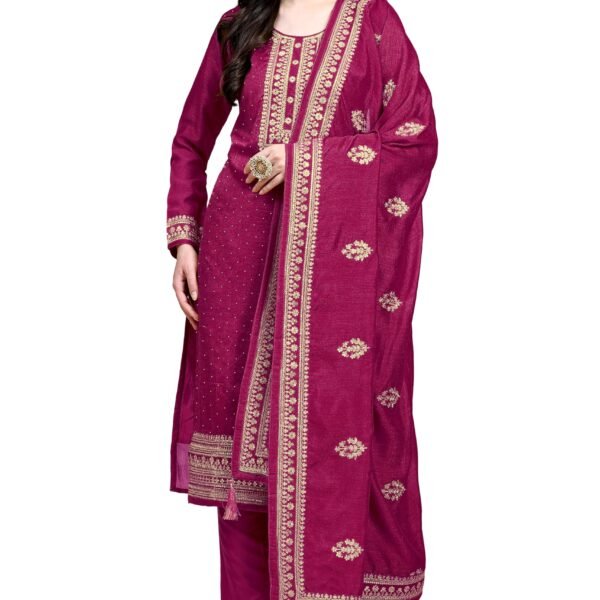 TRENDMALLS Women's Vichitra Silk Embroidery Salwar Suit Set Kurta Pant with Dupatta (G142-Pink-M)