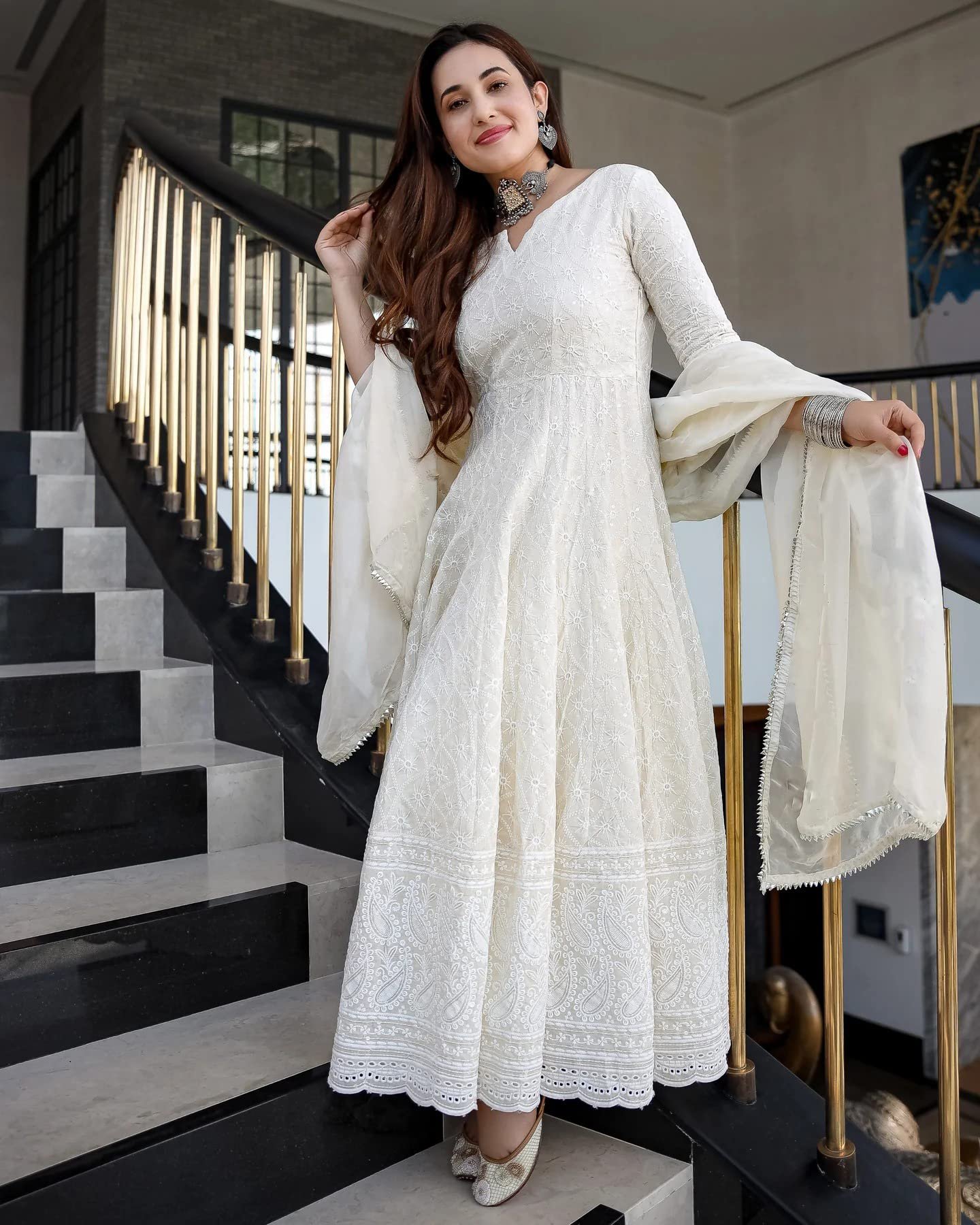 Royal Export Women's Cotton Blend White Chikankari Anarkali Gown with Dupatta | Dresses for Girls | Pant Not Included-L - Image 3
