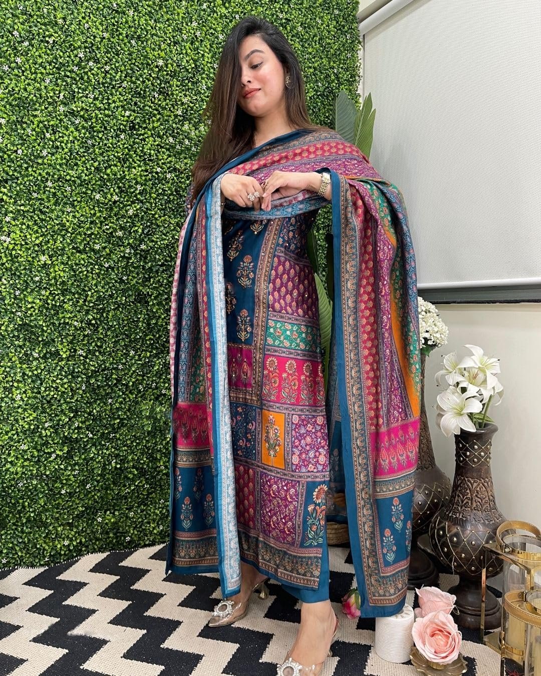 GoSriKi Women’s Rayon Viscose Printed Straight Kurta with Pant & Dupatta (Sula Multi-GS_L_Multicolor_Large)