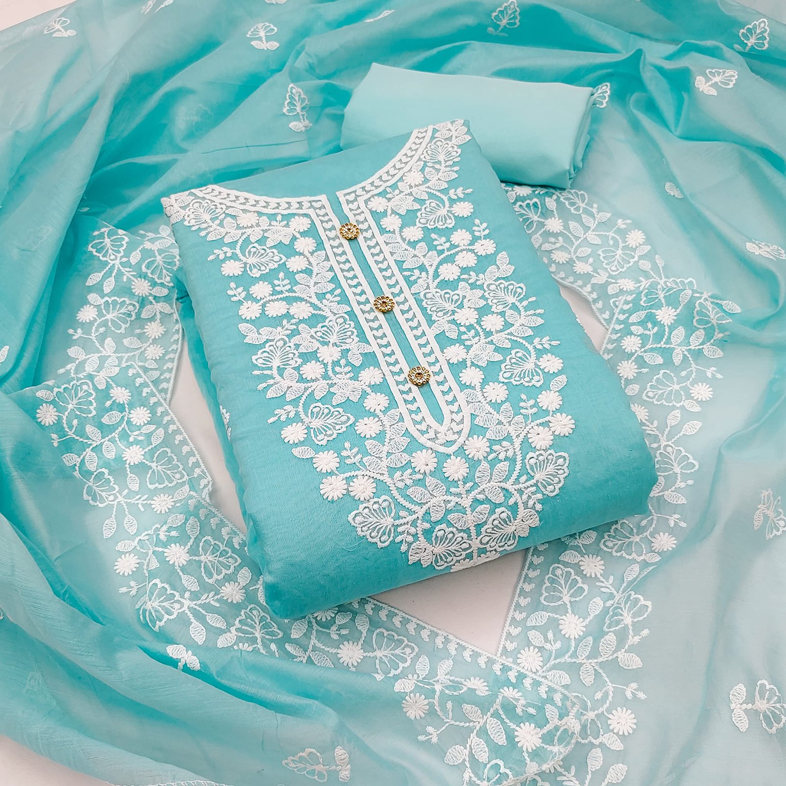Sidhidata Women’s Heavy Cotton Embroidery Work Unstitched Salwar Suit Dress Material With Chanderi Work Dupatta (Free Size_Sky Blue)