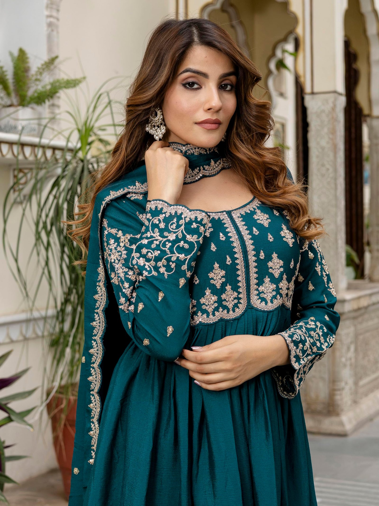 TRENDMALLS Women’s Silk Blend Embroidery Anarkali Kurta Pant Set with Dupatta (G334-Morpeach-3XL)