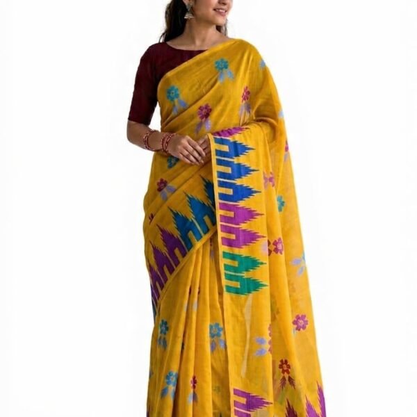 Yellow Cotton Saree with Floral and Ikat Border Design