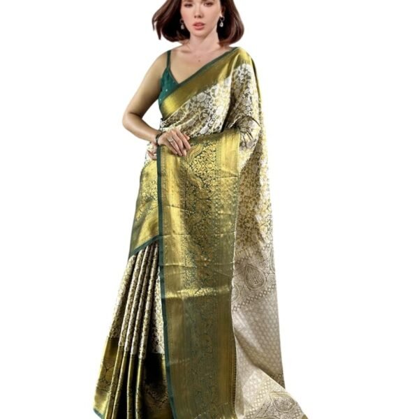 Women's Kanjivaram Soft Silk Banarasi Silk Kanchi Pattu Original Rajwadi Print Pure Jari Hand Weving Silk Saree With Blouses Piecs For Wedding