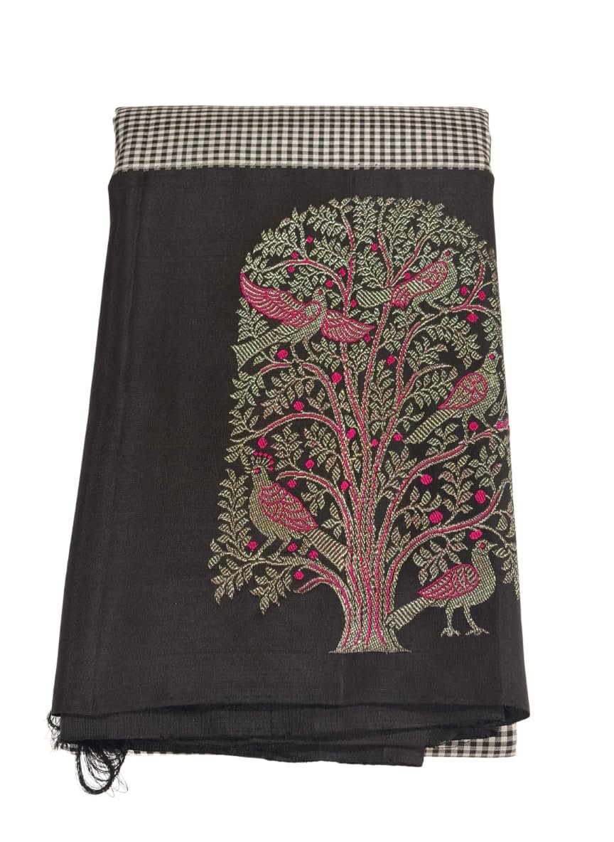 Kanchipuram Pattu Silk Saree, Black and Checkered Pattern with Pink Tree Embroidery, Fancy Design