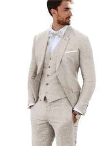 Furuyal Linen Suit 3 Pieces Vintage Retro Wedding Prom Suits Slim Fit Jacket Blazer Groom Tuxedos, Beige, M