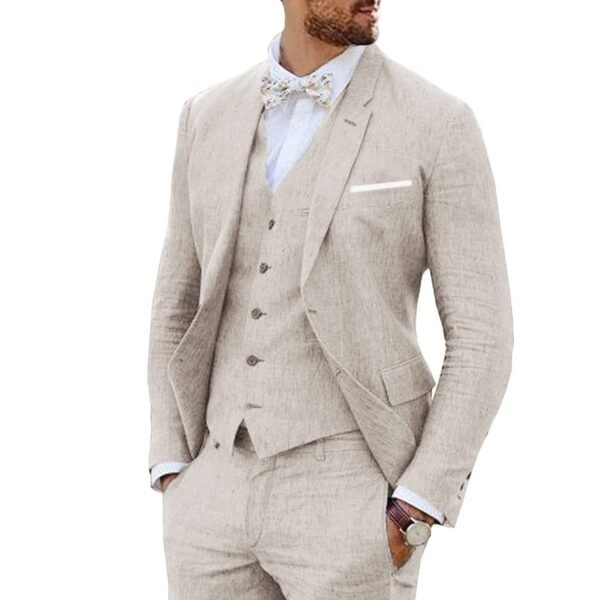 Furuyal Linen Suit 3 Pieces Vintage Retro Wedding Prom Suits Slim Fit Jacket Blazer Groom Tuxedos, Beige, M