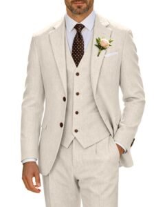 Retro Beige Linen Men Suit Casual Wedding Suit for Men Notched Lapel Slim Fit 3 Pieces Jacket Blazer Groom Tuxedo be-s
