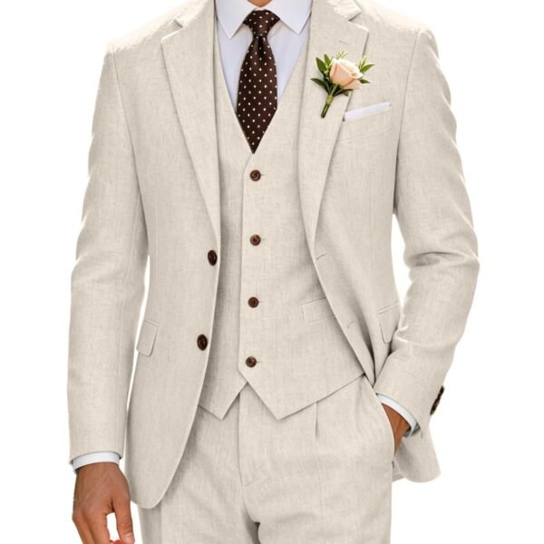 Retro Beige Linen Men Suit Casual Wedding Suit for Men Notched Lapel Slim Fit 3 Pieces Jacket Blazer Groom Tuxedo be-s