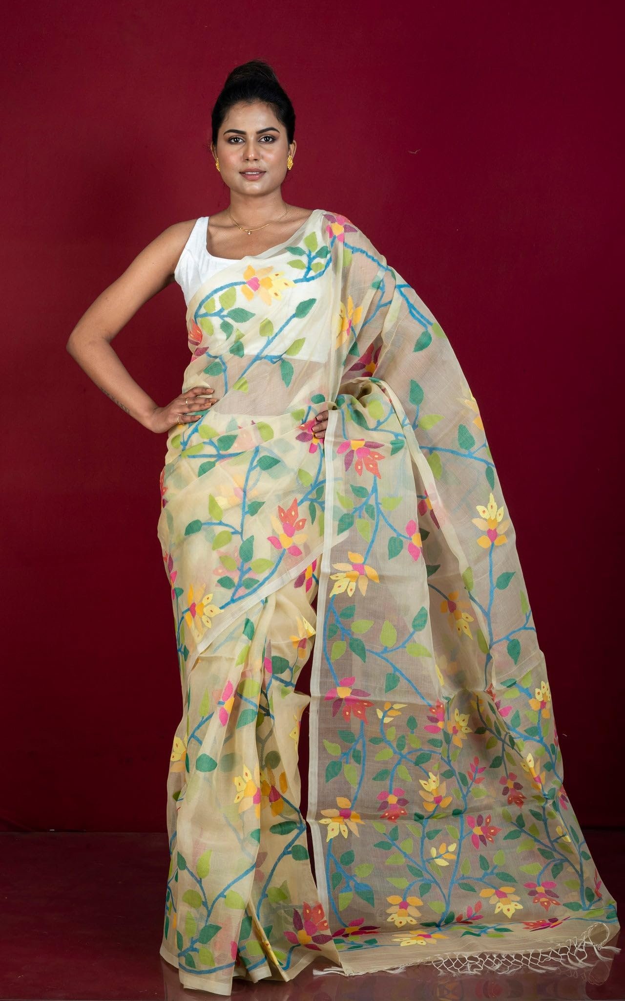 Bengal Looms India – Muslin Silk Dhakai Jamdani Saree with Jangla Jaal Lotus Motif In Lemon, Blue and Multicolor Thread Work with Blouse Piece | Soft Handloom Saree for Wedding,Party & Festive