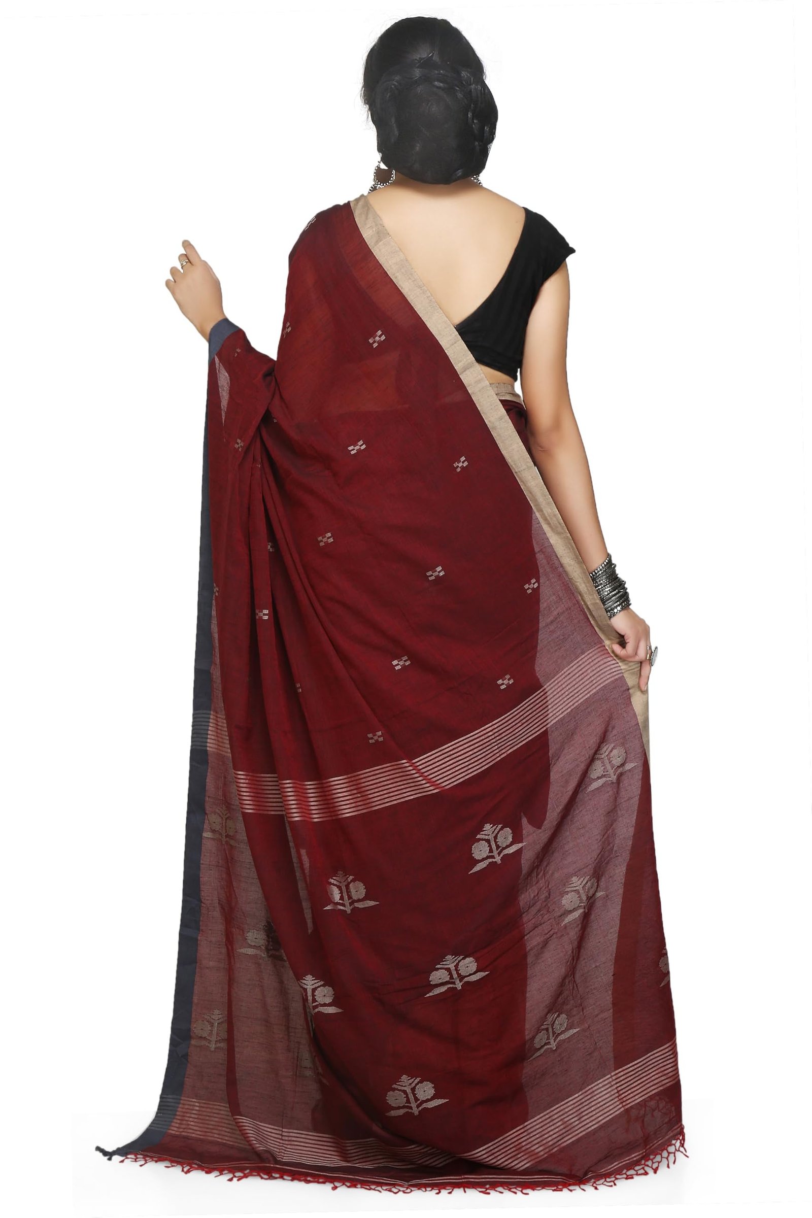 Women’s Pure Finest Quality Resham Muslin Saree Maroon with Woven Floral Motifs | Soft Lightweight Handloom Style Traditional Saree for Festival Party Office Wear | 5.4 Meter