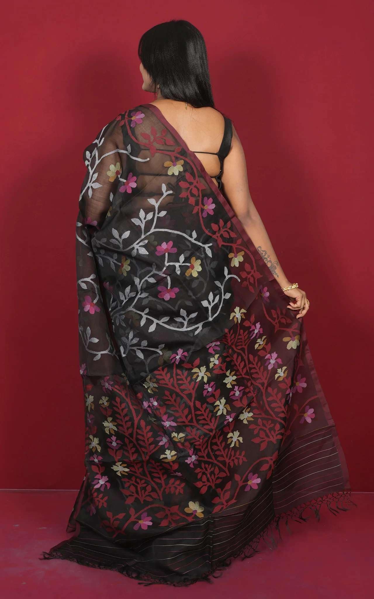 Bengal Looms India Handwoven Jangla Jaal Work Muslin Silk Dhakai Jamdani Saree for Women with Blouse Piece | Traditional Ethnic Saree for Wedding, Festive, Party, Office & Pooja Wear