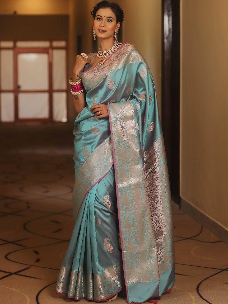 Women's Original Kanchi Patuu Pure Gold Jari Hand Weving Naylon Soft Kanjivaram Silk Saree With Unstich Blouses Piecs - Image 4